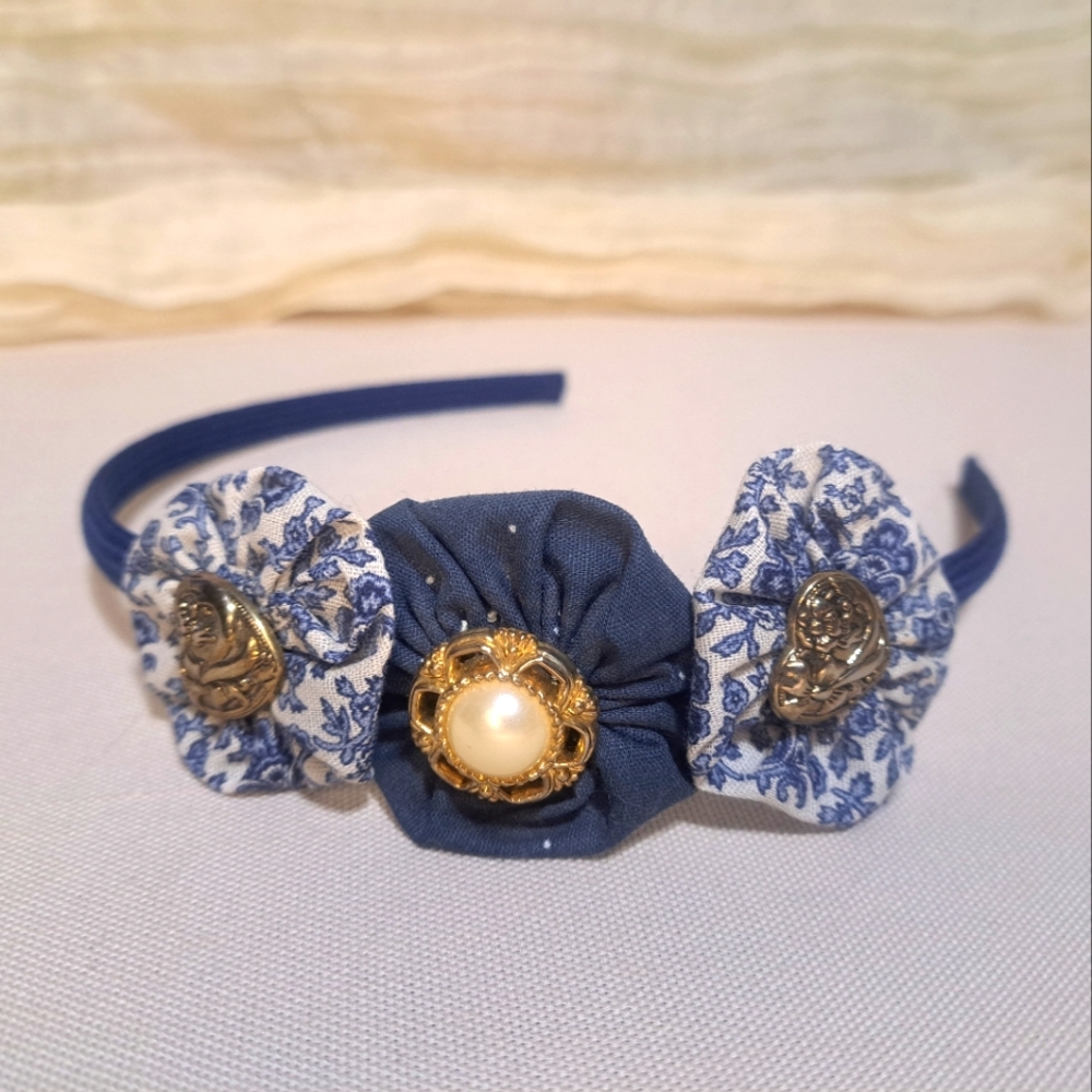 Hand Crafted Headband - Blue Floral Yoyo Fabric Rosettes Faux Pearl Heart Button